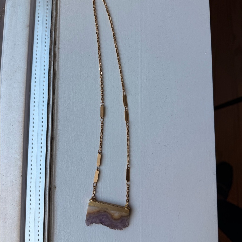 Rectangular Gold Played Amethyst Geode Slice Pend… - image 6